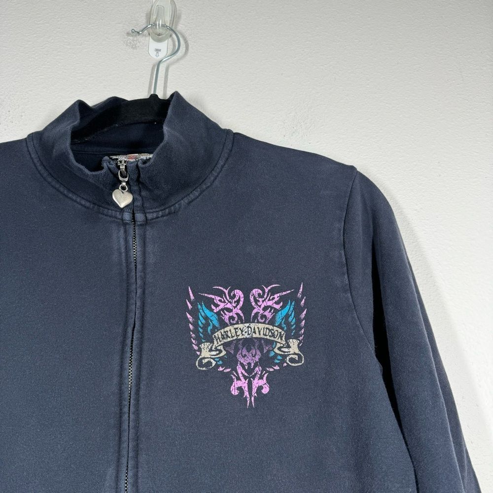 Vintage Y2K Harley Davidson Zip Up Jacket Black Bedazzled Embroidered Large - Picture 2 of 10